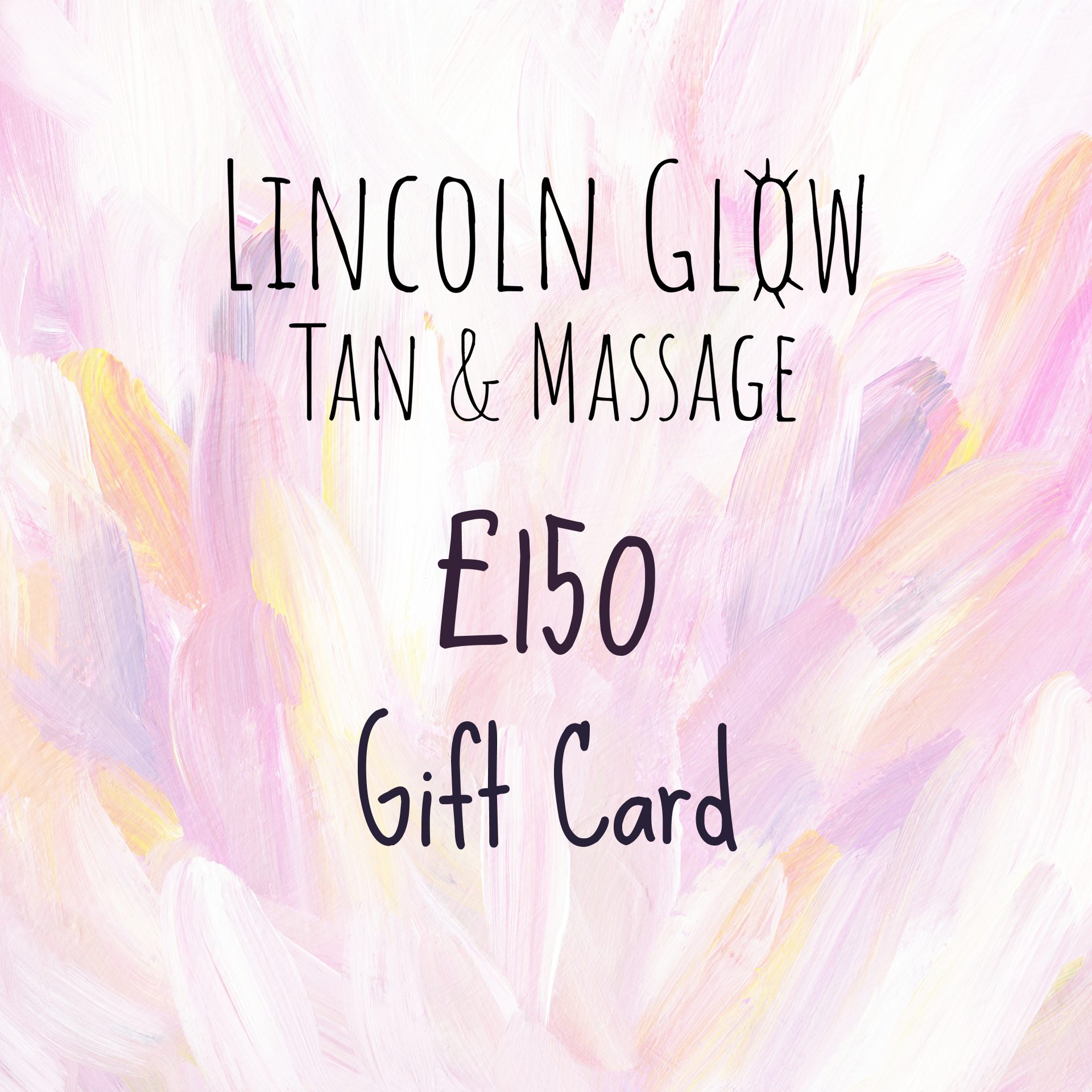 Lincoln Glow Tan & Massage gift card with a colorful abstract design