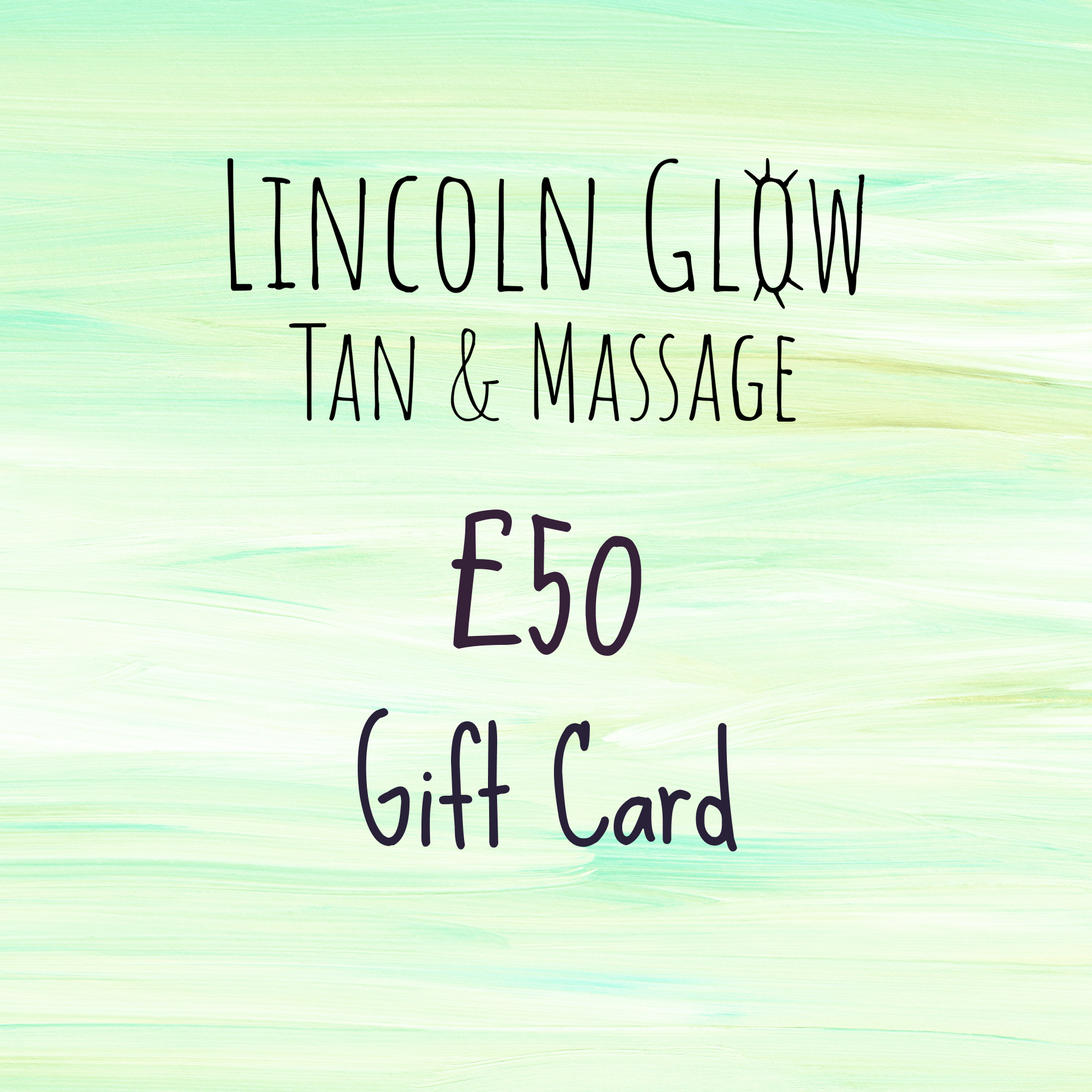 Lincoln Glow Tan & Massage gift card with a colorful gradient background