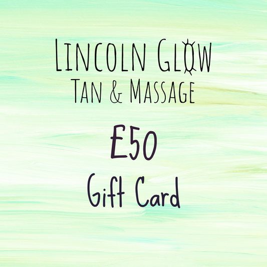Lincoln Glow Tan & Massage gift card with a colorful gradient background