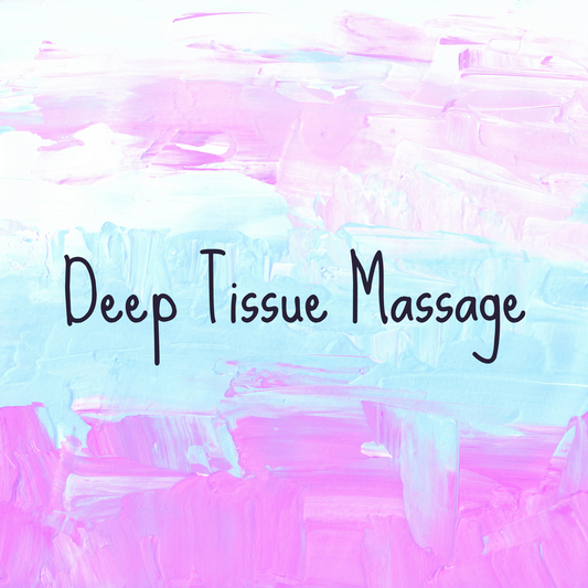 Text 'Deep Tissue Massage' on a colorful abstract background