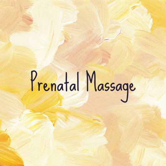 Text 'Prenatal Massage' on a textured yellow and white background