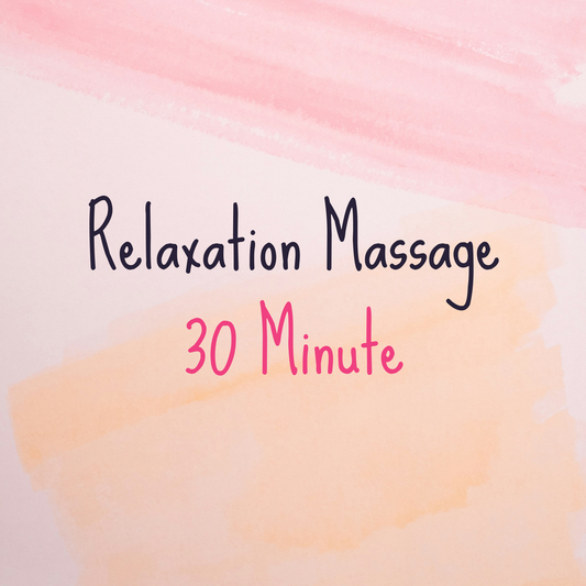 Text 'Relaxation Massage 30 Minute' on a watercolor background with pink and orange hues.