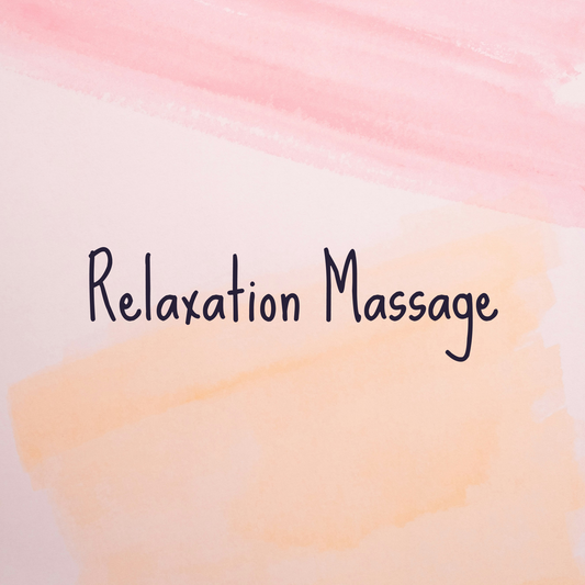 Text 'Relaxation Massage' on a watercolor background with pink and orange hues