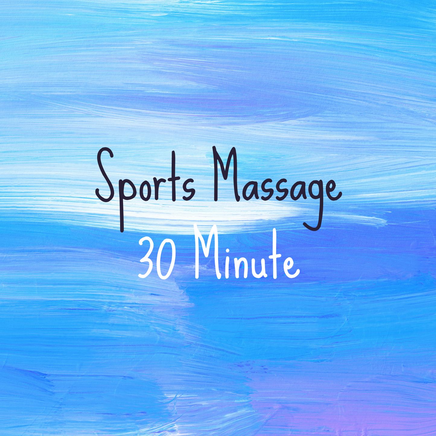 Text 'Sports Massage 30 Minute' on a blue abstract background
