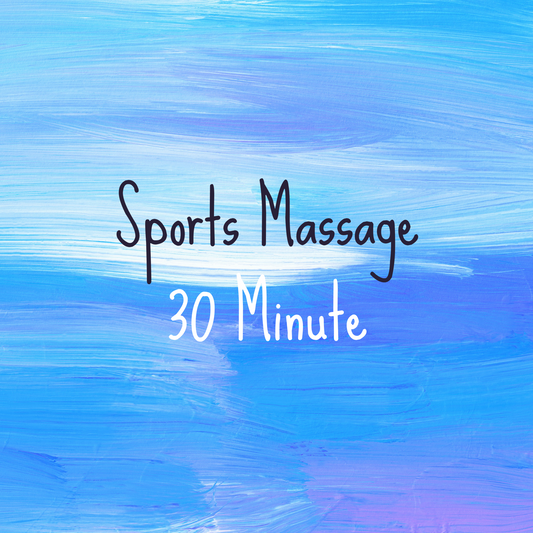 Text 'Sports Massage 30 Minute' on a blue abstract background