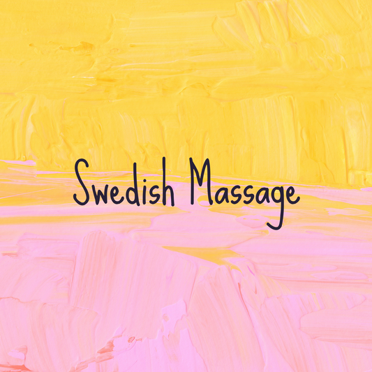 Text 'Swedish Massage' on a yellow and pink abstract background