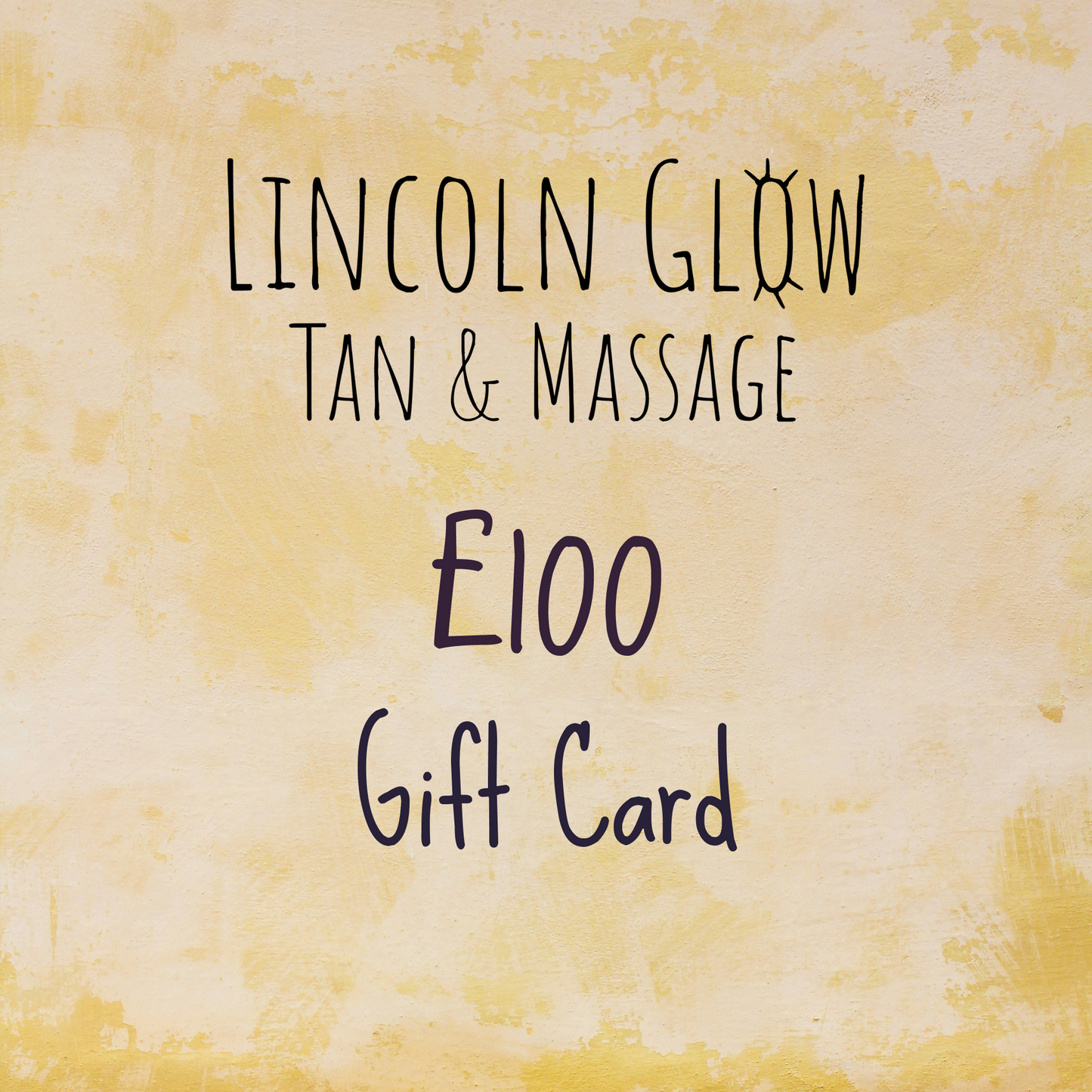 Gift card for Lincoln Glow Tan & Massage with text on a textured yellow background