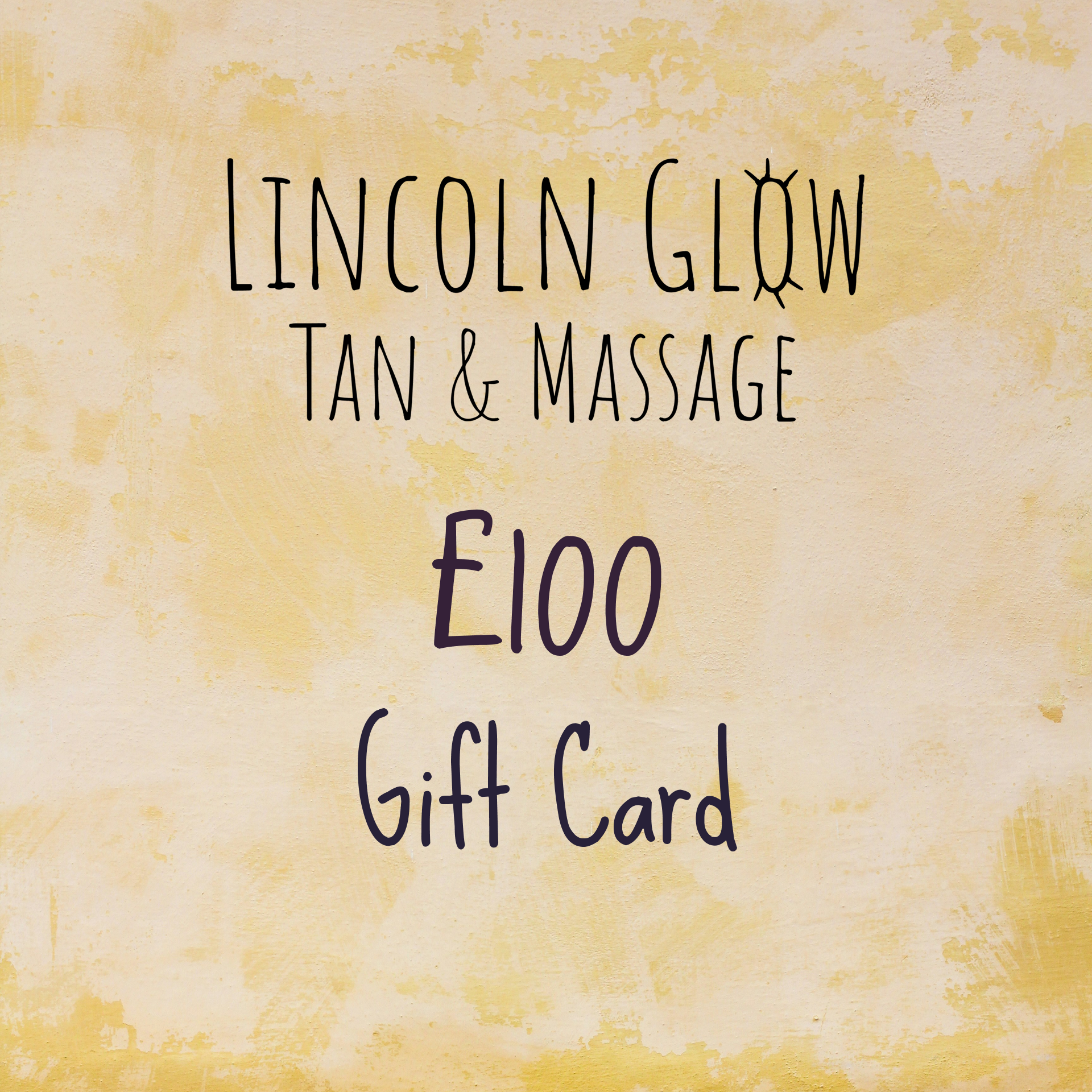 Gift card for Lincoln Glow Tan & Massage with text on a textured yellow background
