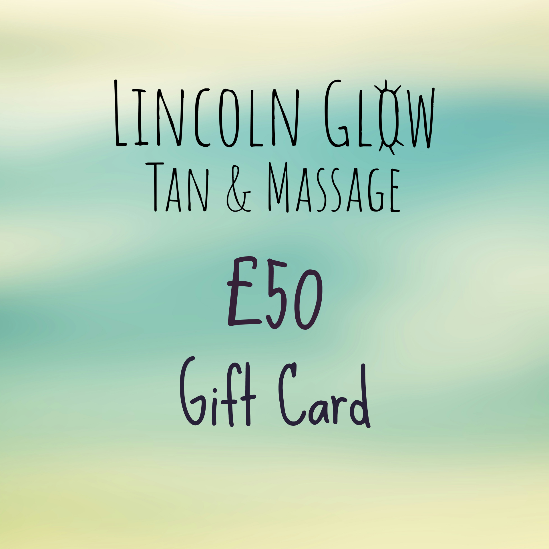 Lincoln Glow Tan & Massage E50 Gift Card on a gradient background