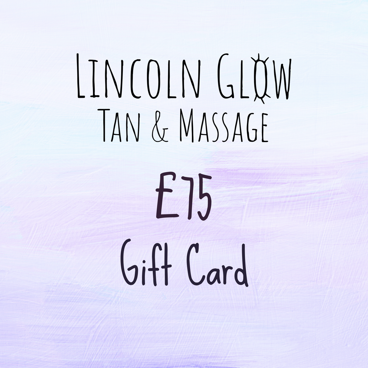 Gift card for Lincoln Glow Tan & Massage with text and number on a light purple background