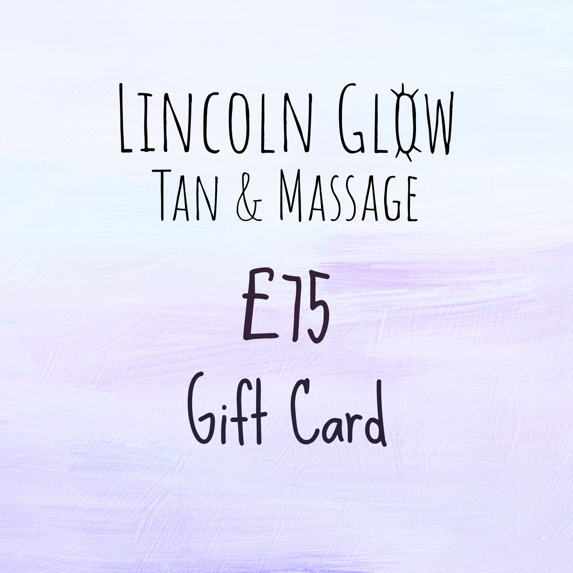 Gift card for Lincoln Glow Tan & Massage with text and number on a light purple background