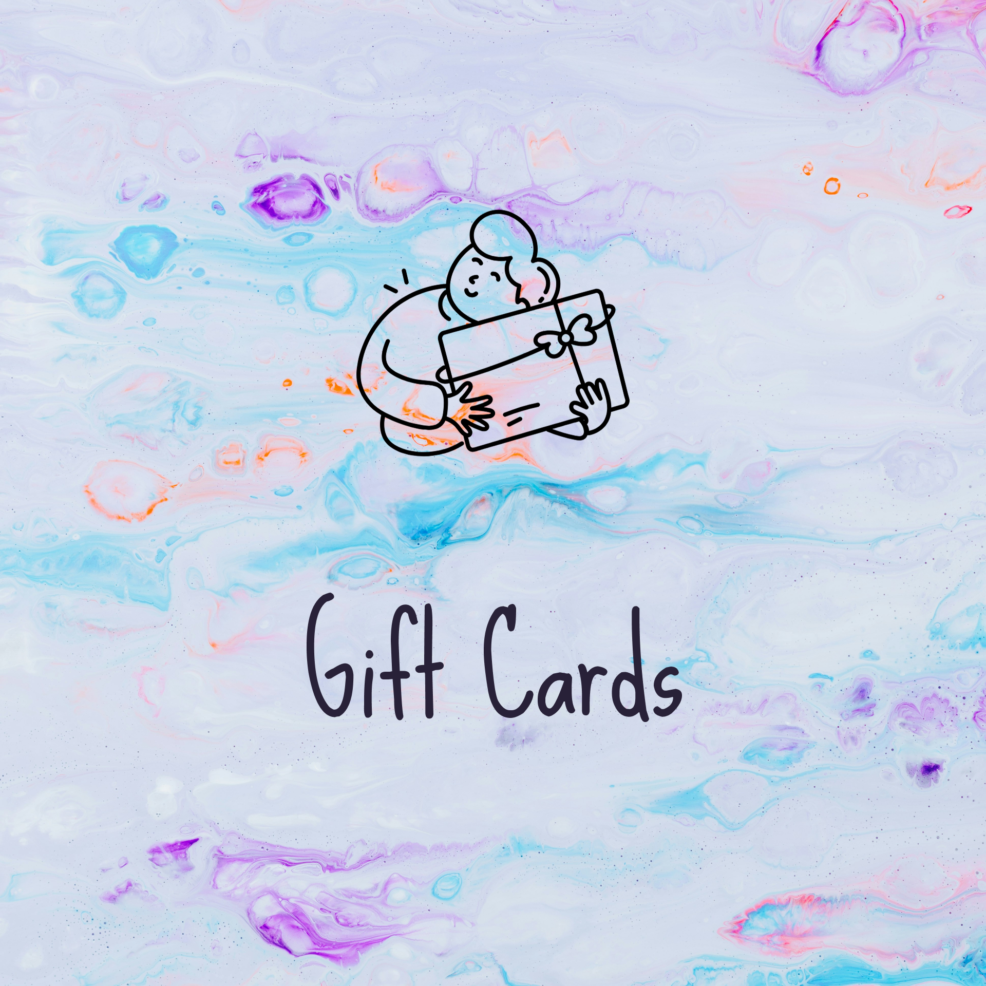 Gift card design with a stylized figure holding a gift card on a colorful abstract background.
