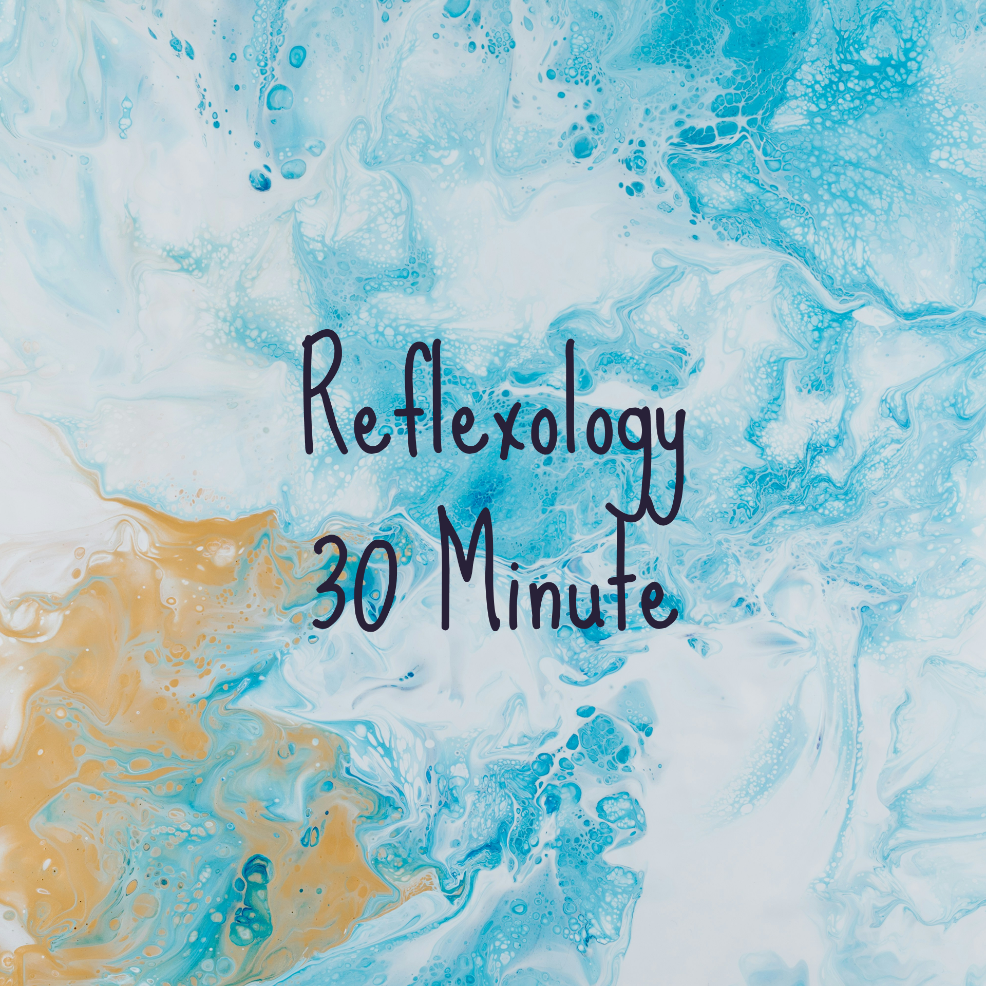 Text 'Reflexology 30 Minute' on a blue and white abstract background