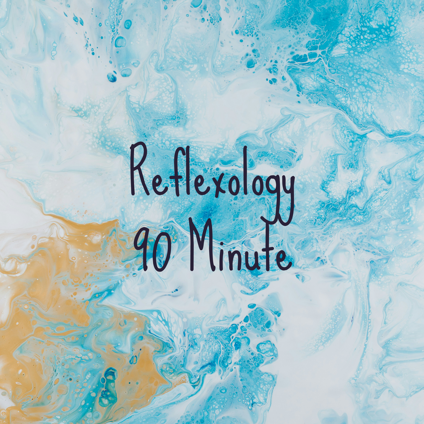 Text 'Reflexology 90 Minute' on a blue and white abstract background